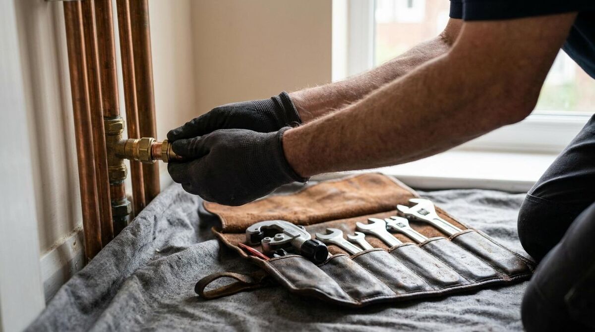Heating engineer working carefully on a boiler installation in a UK home