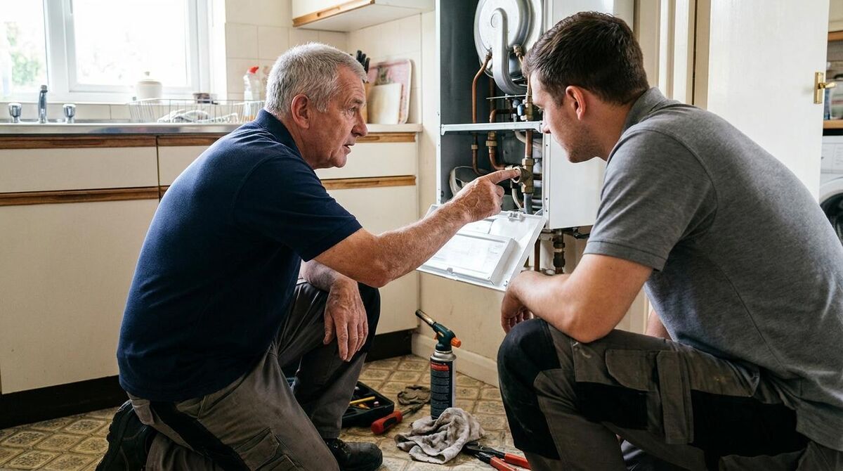 Experienced heating engineer explaining a step to a colleague at a job