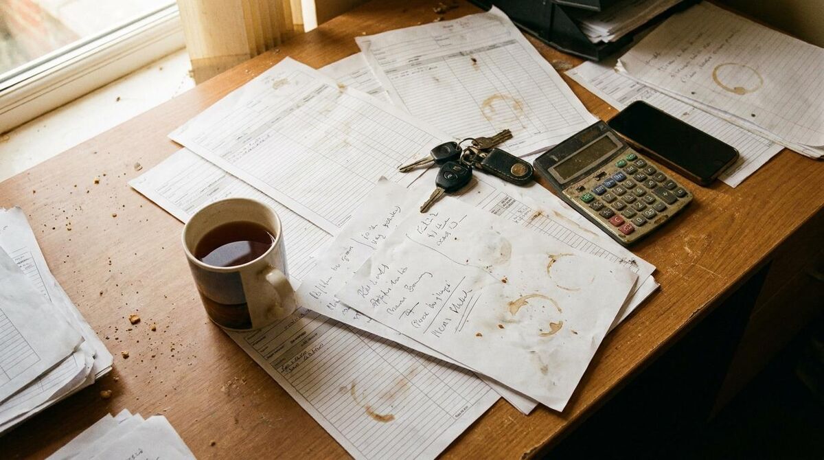 Plumbing and heating business owner surrounded by paperwork while the phone rings