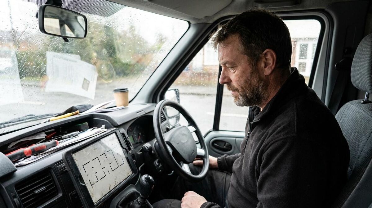 Engineer viewing a job checklist on a tablet in a van