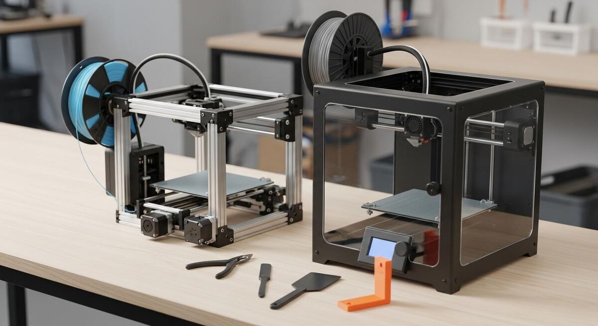 Two desktop 3D printers side by side on a workbench, one compact open-frame and one enclosed cube, with spools of filament visible