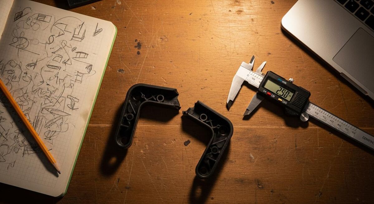 A workshop bench with a broken plastic bracket, digital callipers, a notebook with sketched measurements, and a laptop running CAD software in the background