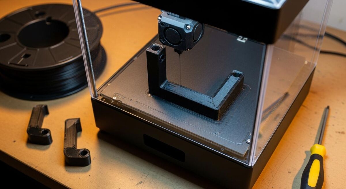 A Bambu Lab P1S 3D printer sitting on a workbench in a small trades workshop, printing a black PETG bracket overnight