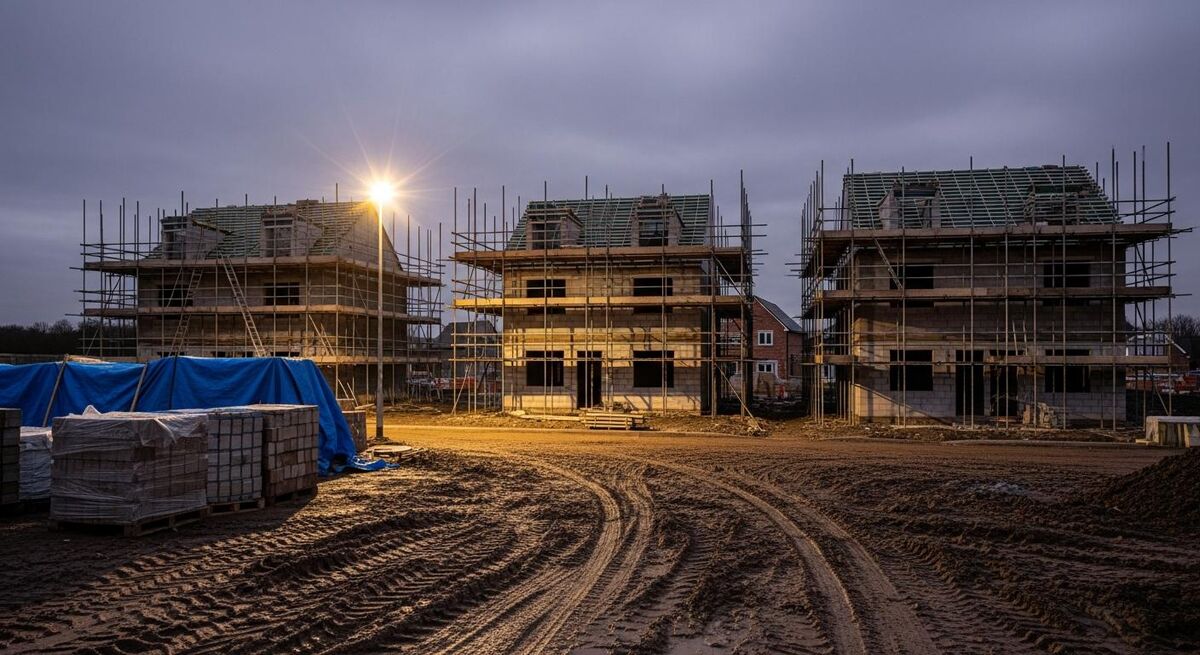 Empty construction site with idle machinery at dusk