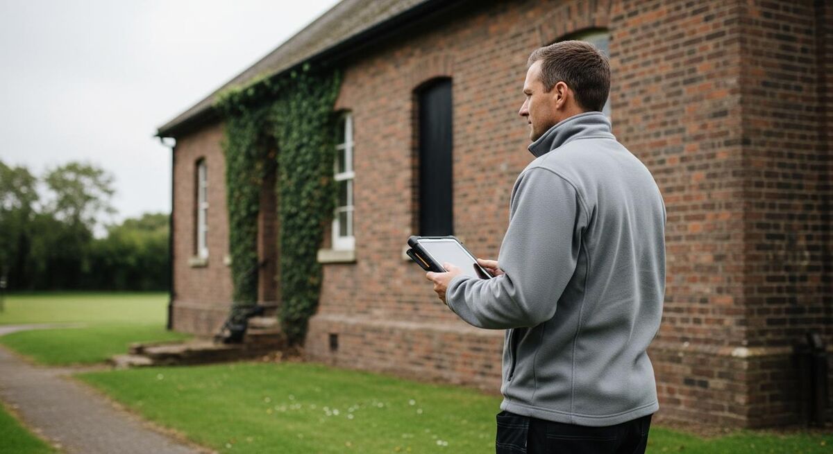 A field engineer reviewing property information on a rugged tablet outside a building