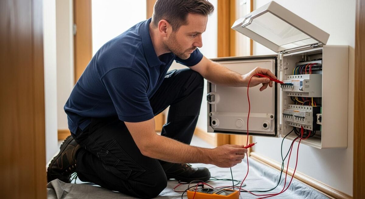 An electrician testing a consumer unit during an electrical installation condition report