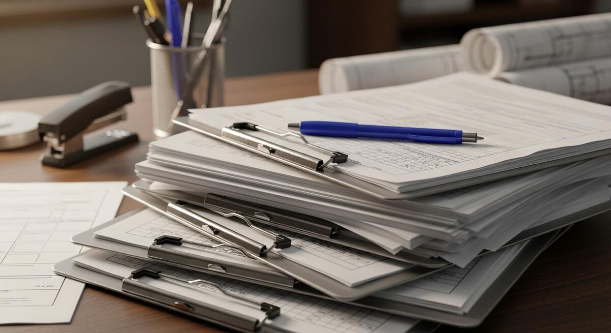 A stack of electrical compliance certificates and inspection paperwork on a desk