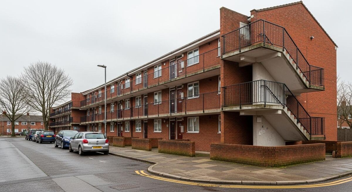 A block of UK social housing flats seen from ground level