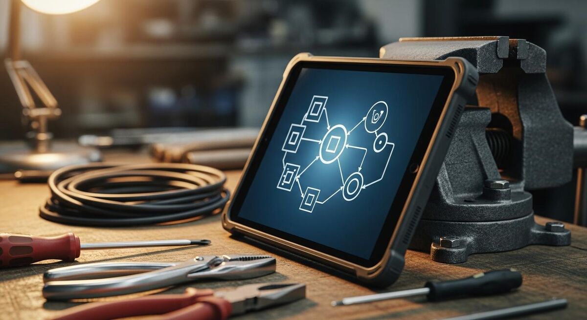 Workshop scene with a tablet showing an automation dashboard on a workbench
