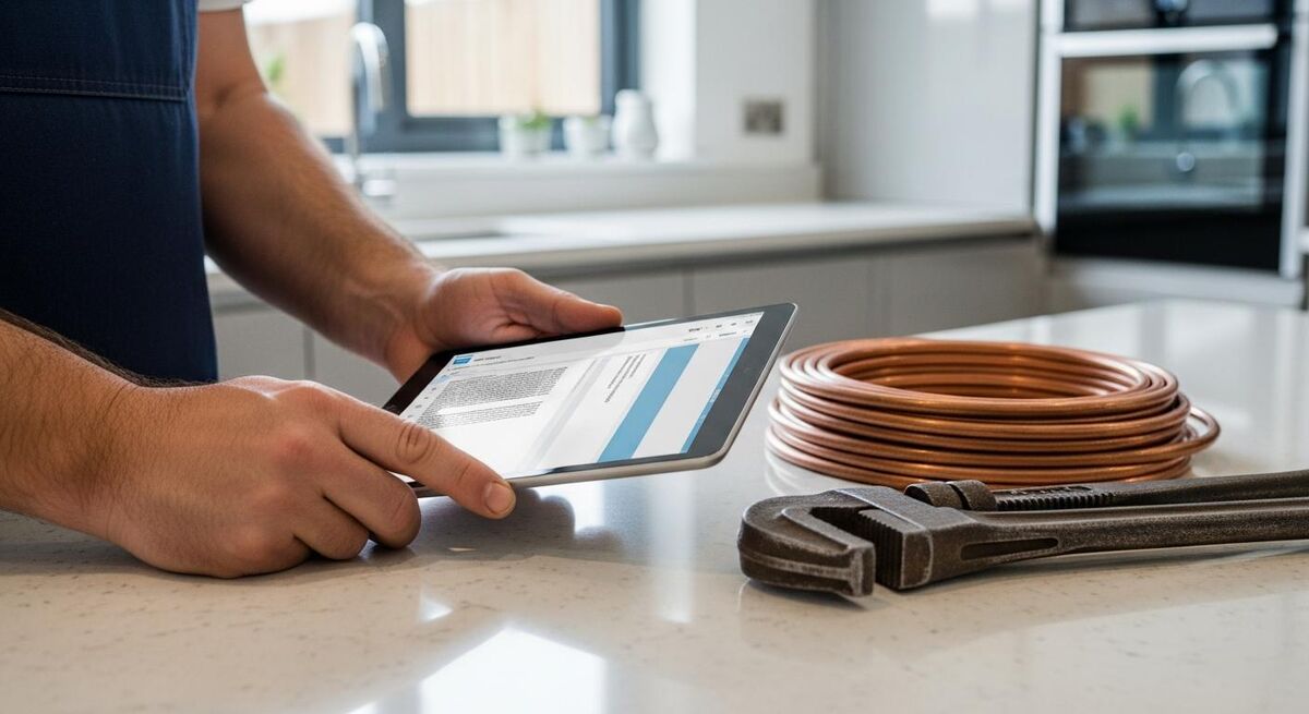 Plumber composing a quote email on a tablet in a customer's kitchen