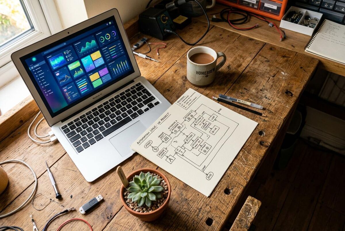Workshop desk with automation flowchart diagram and laptop showing colourful dashboard