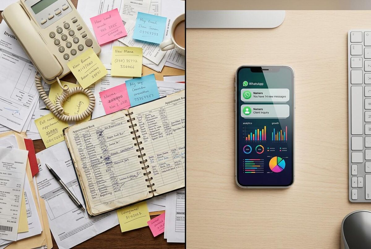 Split comparison showing chaotic paper desk with sticky notes versus clean digital setup with phone showing WhatsApp notifications