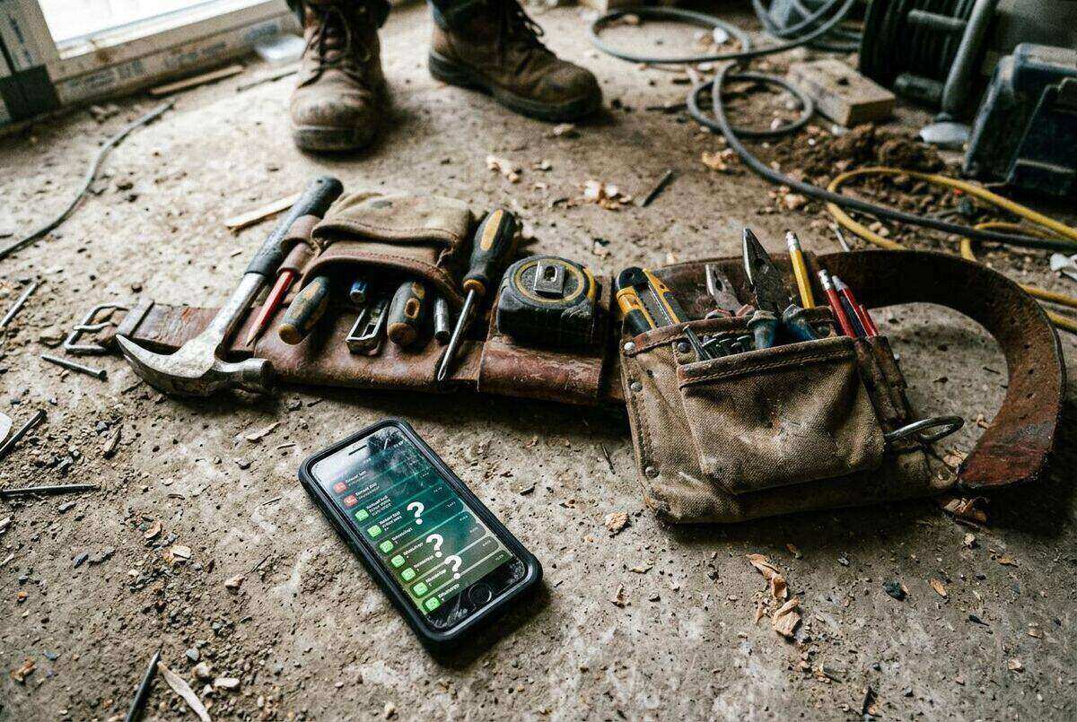 Tool belt on construction site floor with phone showing missed notifications