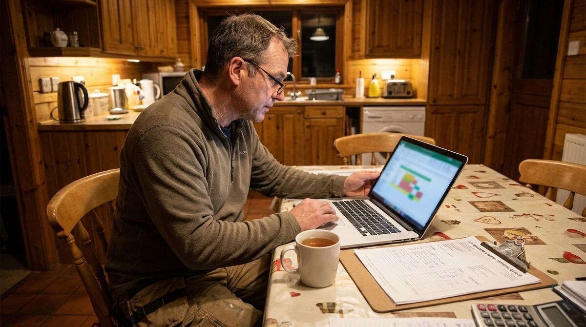 UK tradesperson reviewing quote on laptop with paperwork at kitchen table