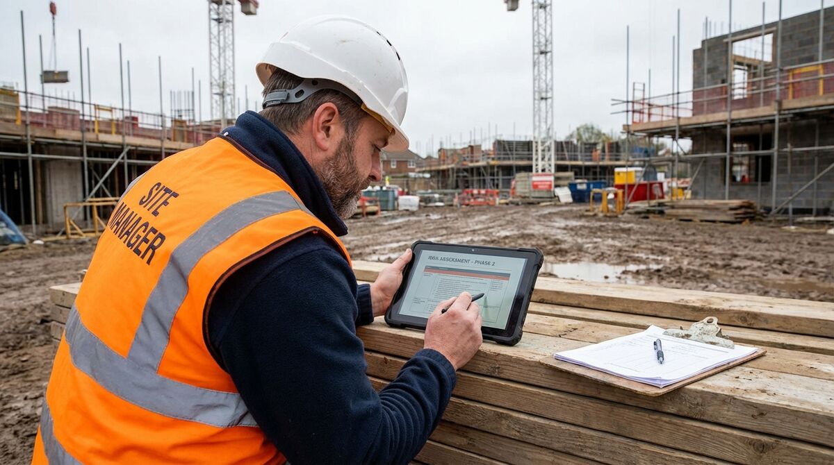 UK site manager reviewing risk assessment document on tablet at construction site