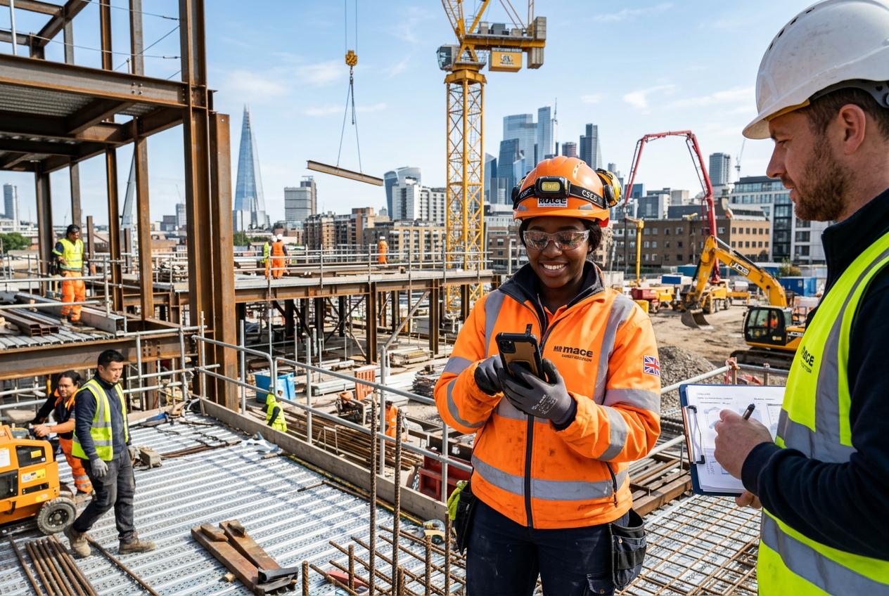 Diverse UK construction workers, one using a smartphone with AI tools on a building site