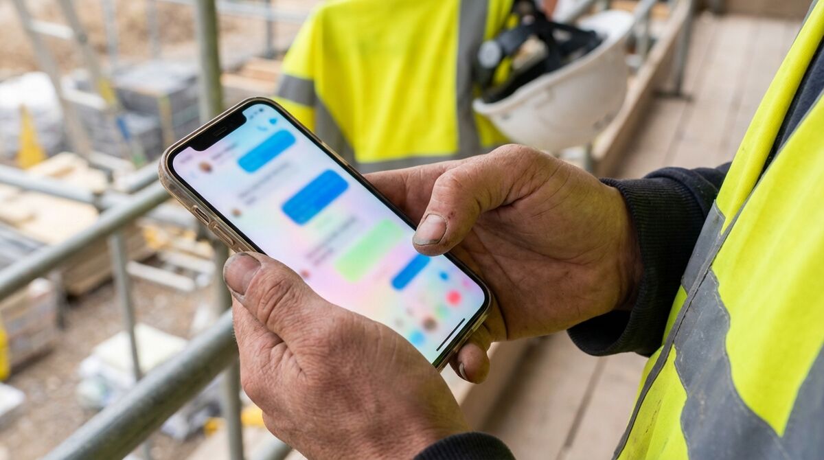 UK construction worker using smartphone with AI chat interface on a building site