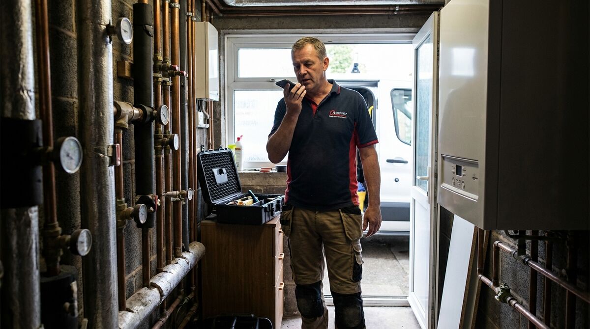 UK plumber speaking voice note into smartphone in boiler room