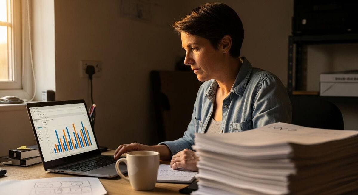 A trades business owner reviewing apprentice applications on a laptop in their office