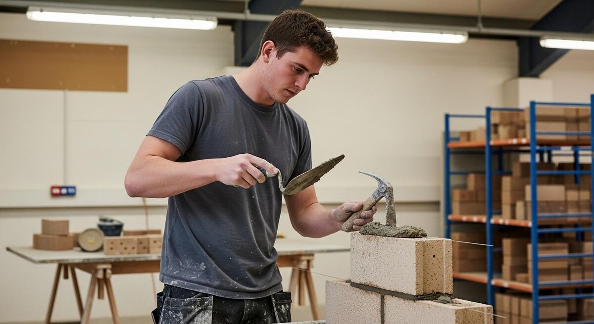 An apprentice bricklayer practicing on a small wall section in a training workshop