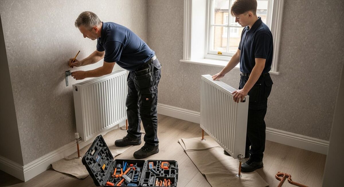 A tradesperson and a young apprentice working together on a domestic boiler installation