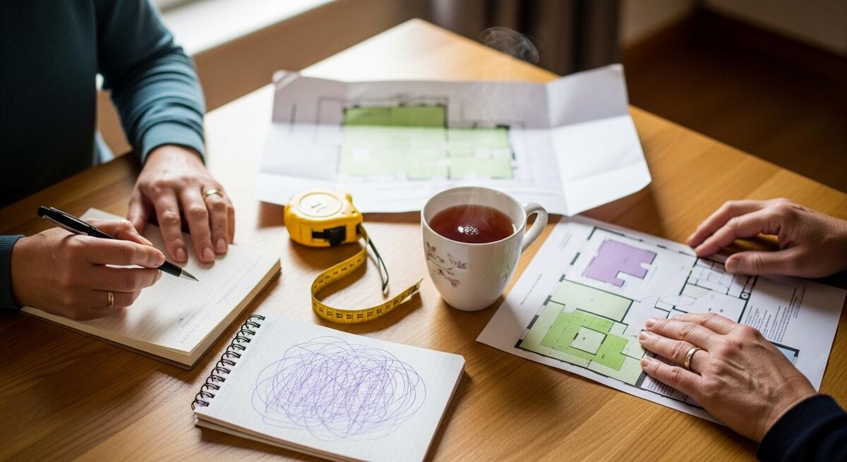A homeowner and a contractor at a kitchen table reviewing paperwork together, with a tape measure and notepad on the table