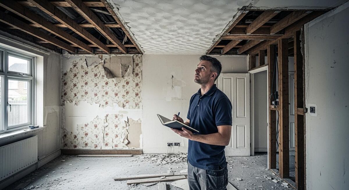 A surveyor in plain workwear holding a clipboard inside a partially stripped-back UK terraced house, with bare joists and plasterwork visible