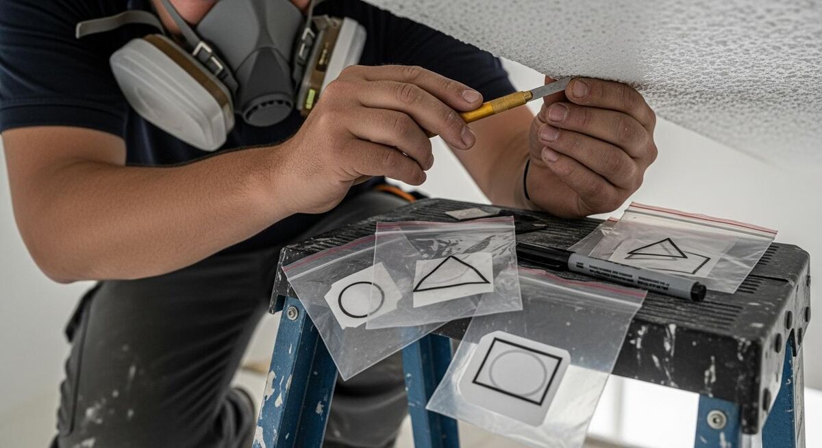 A surveyor in a respirator mask carefully cutting a small sample from a textured ceiling coating, with sample bags and labels laid out on a step ladder shelf