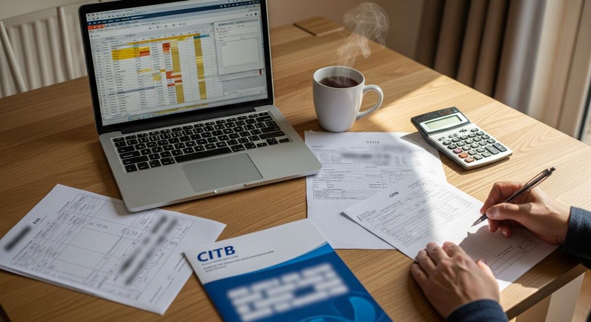 A laptop and paperwork showing apprenticeship grant calculations on a kitchen table.