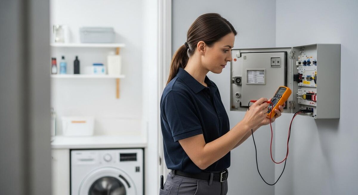 A female electrician working on a fuse board in a UK home in 2026.