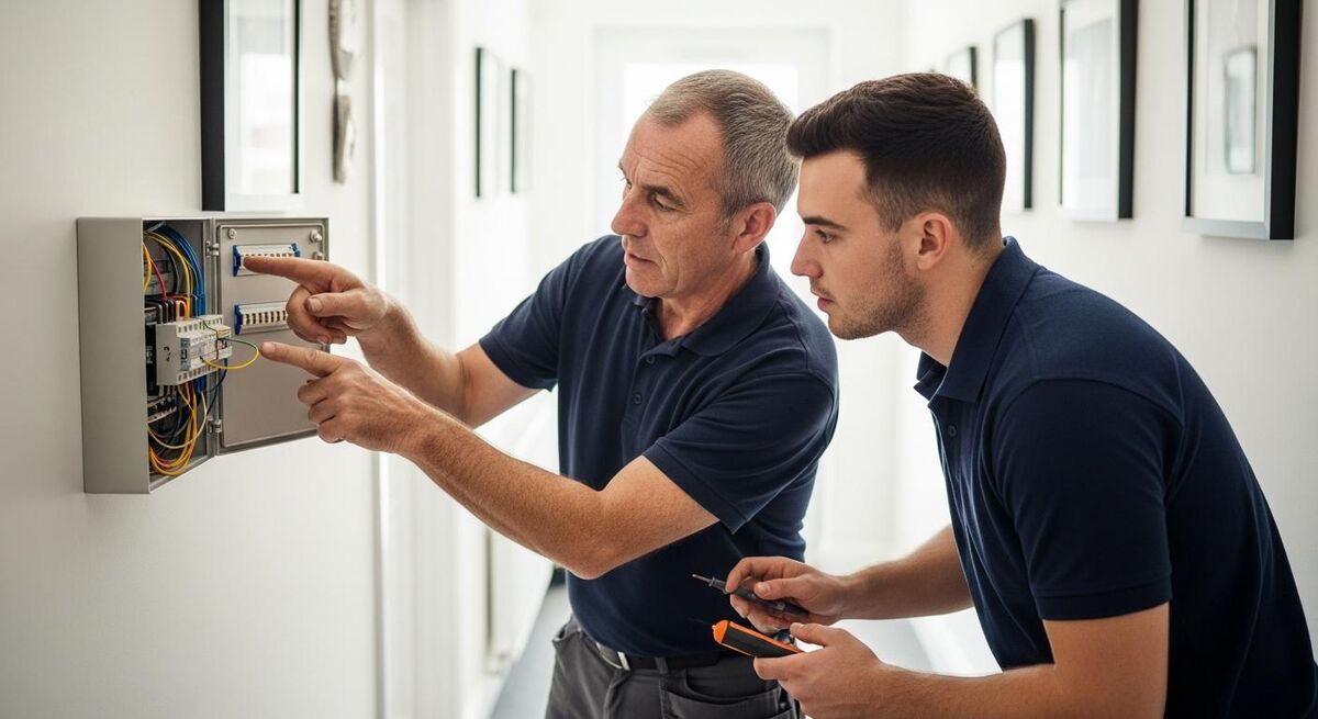 An experienced engineer walking an apprentice through a job in a customer's home in the UK.