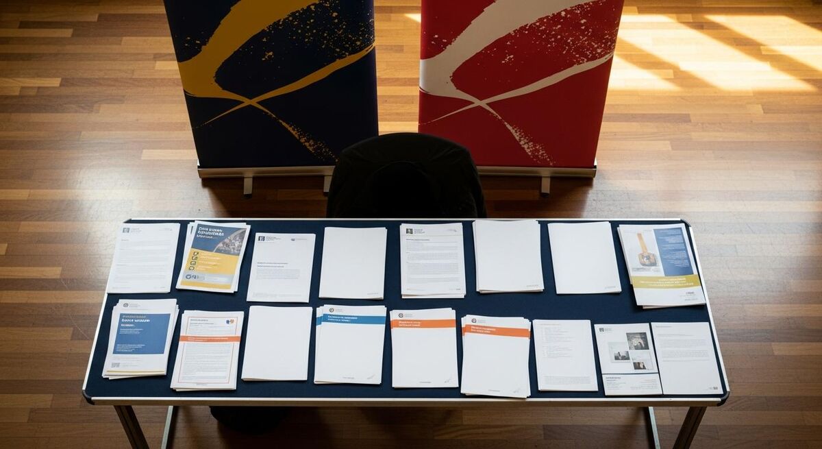 A school careers fair stand showing trades and university options side by side.