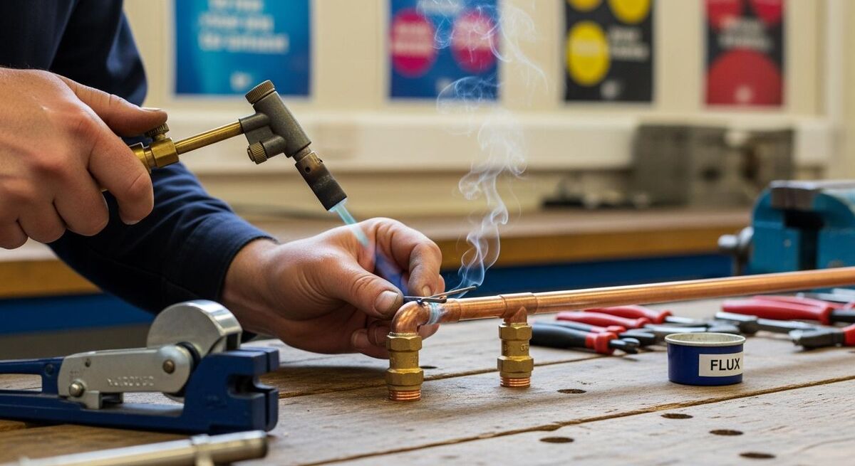 A tradesperson demonstrating a copper pipe soldering joint to teenagers in a school workshop.