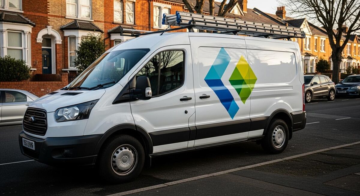 A modern tradesperson's van with clean professional livery parked outside a residential street.