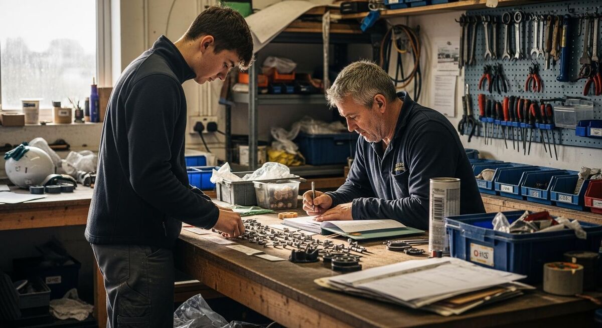 A young apprentice working under supervision in a small workshop in the UK.