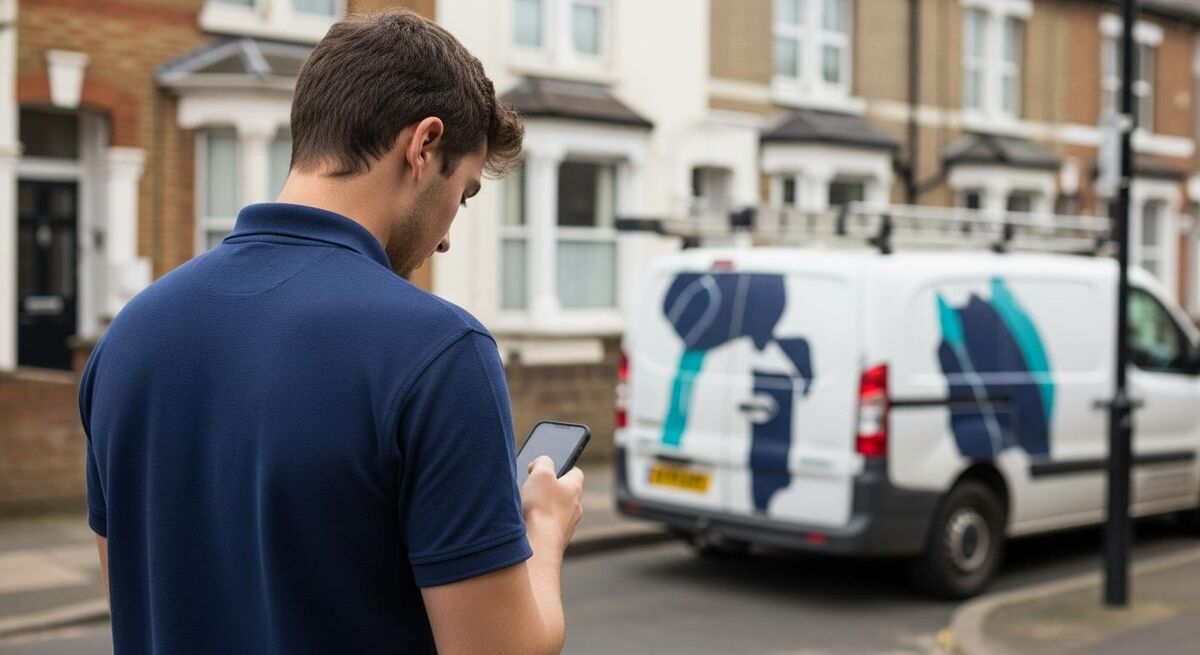A young tradesperson holding a smartphone outside a customer's house in the UK.