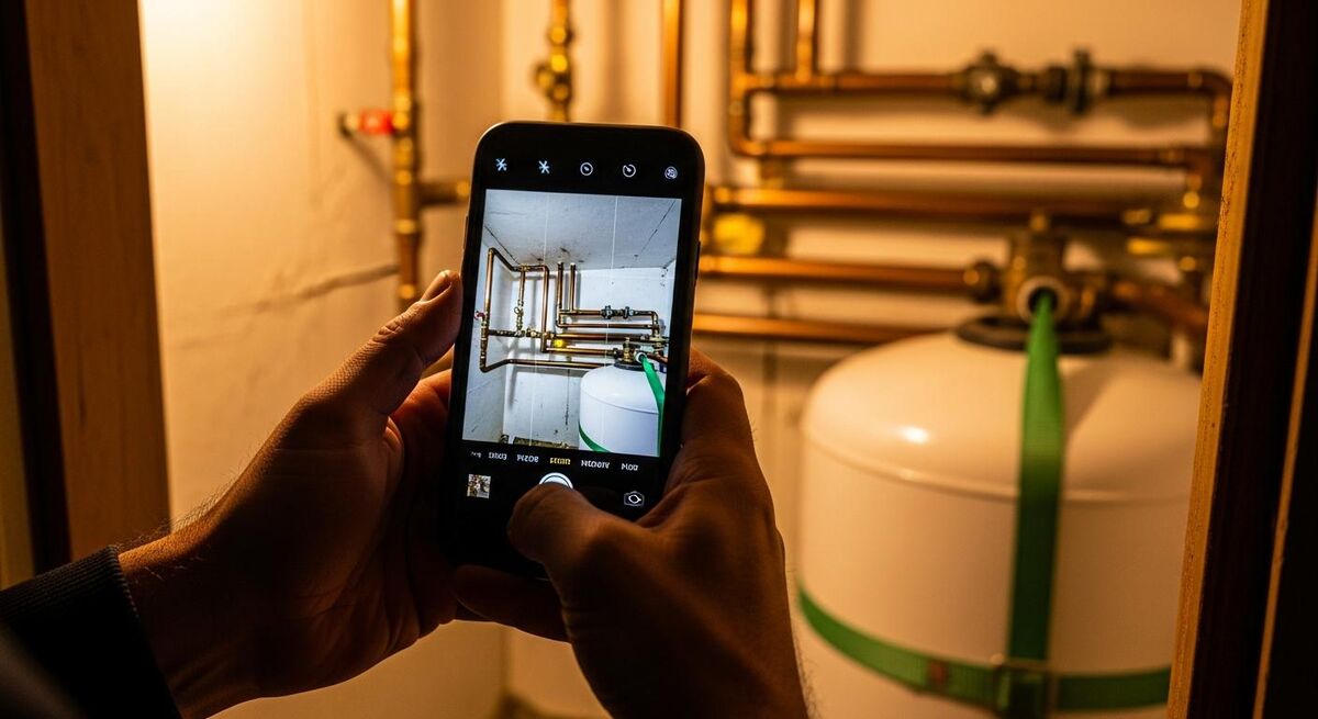 Close up of a phone screen with the camera open in a customer's airing cupboard