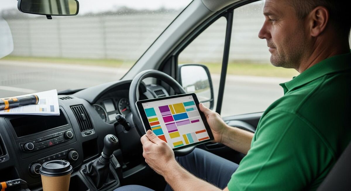 A tradesperson reviewing an AI-generated quote on a tablet in a van