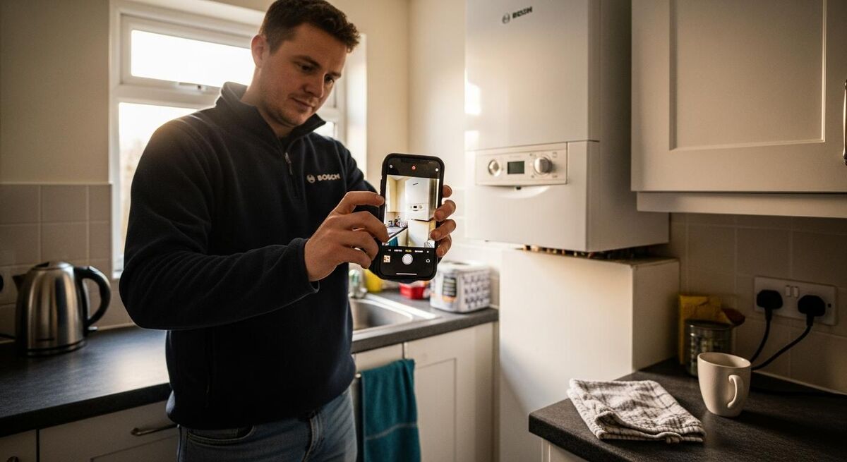 A tradesperson taking photos of a boiler on a job in a customer's kitchen