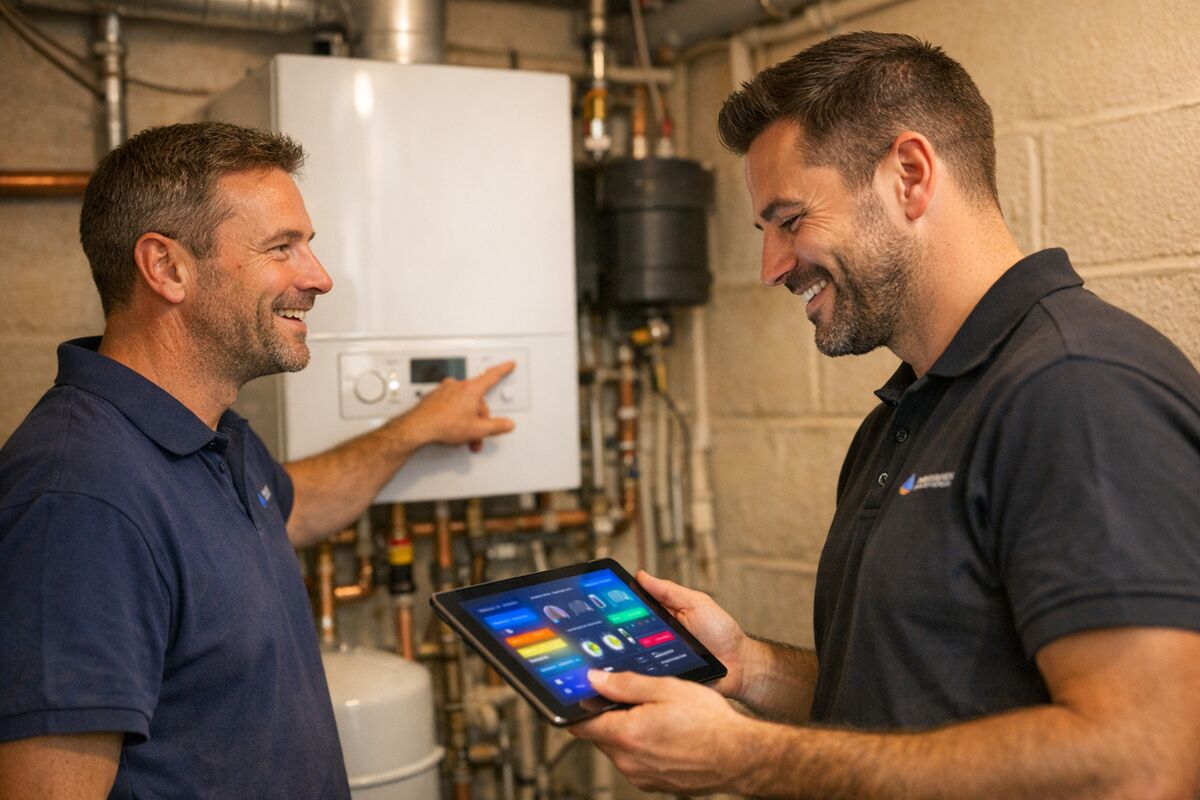 Customer paying a heating invoice on their phone using a one-click payment link
