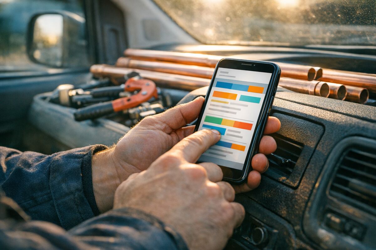 Heating engineer creating a digital quote on a tablet at a customer site