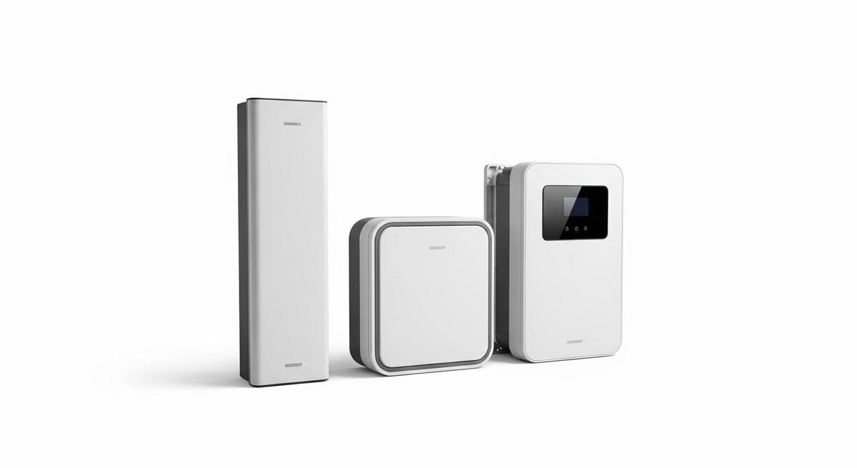 Selection of home battery units from different manufacturers arranged side by side