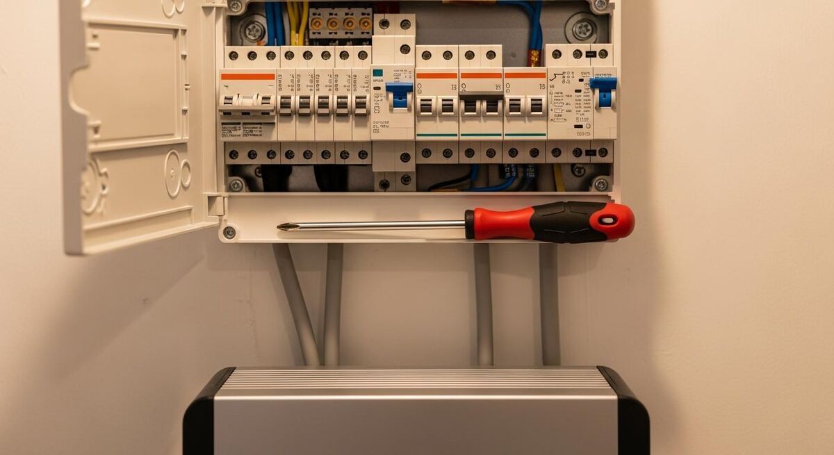 Close-up of a consumer unit with RCDs and MCBs during a battery storage installation