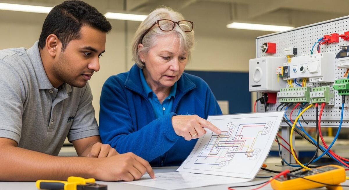 Electrician studying battery storage wiring diagrams at a training centre workbench