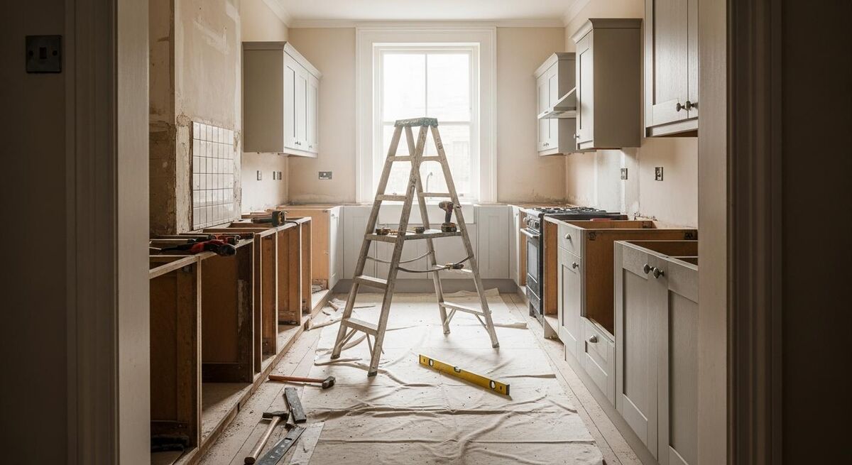 Two-panel composite showing a tired UK kitchen on the left and the same kitchen freshly fitted on the right, shot from the same angle