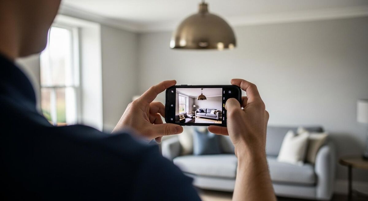 A renovated UK living room being photographed by a tradesperson holding a smartphone at chest height with natural light from a window on the left