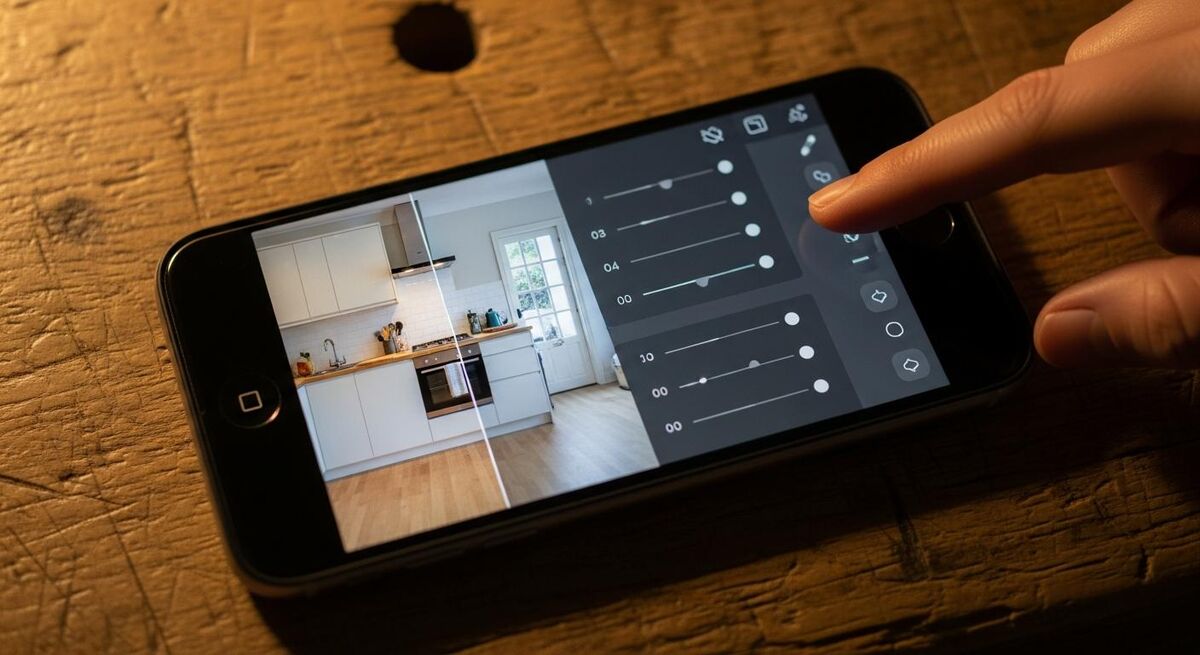 A smartphone screen showing a photo editing app with adjustment sliders being used to brighten and warm up an interior photograph