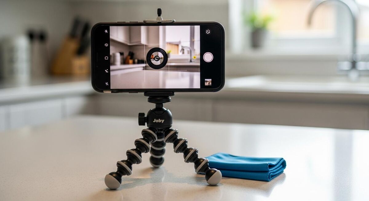 A smartphone mounted on a small flexible tripod resting on a kitchen worktop, ready to capture a before shot of an installation job