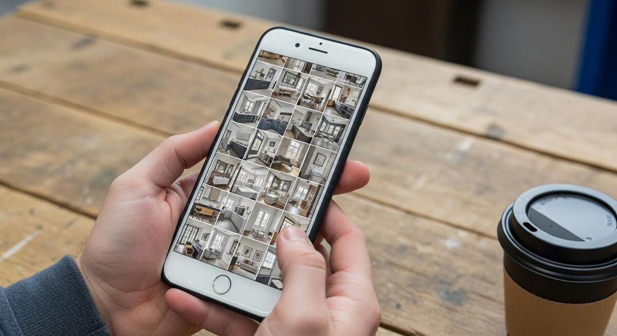 A trades business owner reviewing their Instagram feed on a smartphone, showing a grid of before-and-after project posts