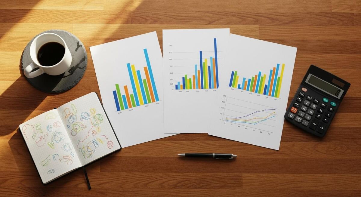 Overhead flat-lay of printed business performance charts, calculator, pen and coffee mug on a kitchen table